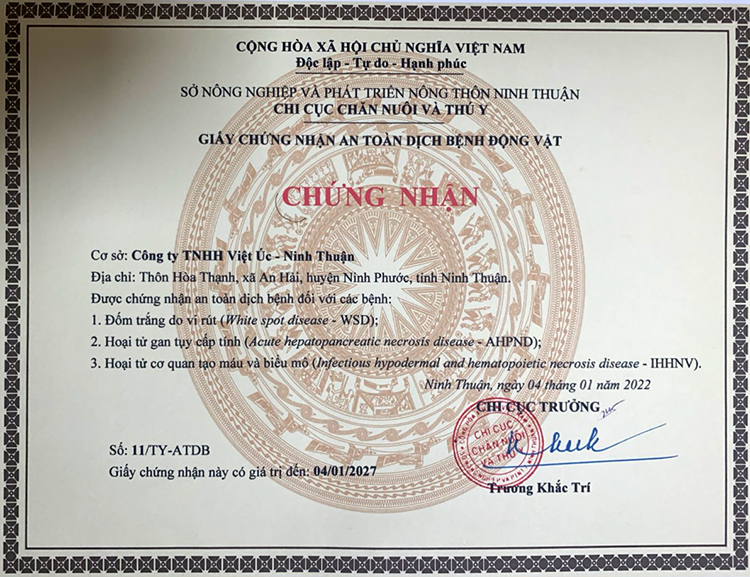 việt úc đạt chứng nhận an toàn dịch bệnh động vật