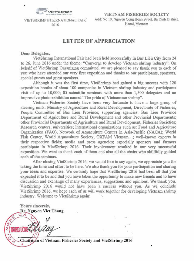 Letter of Appreciation vietshrimp 2016